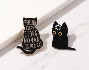 Black Cat Enamel Pin Set, Funny Cat Lover Brooch, Strong Woman Cat Quote Pin, Minimalist Kitty Lapel Pin, Gothic Gift for Cat Moms
