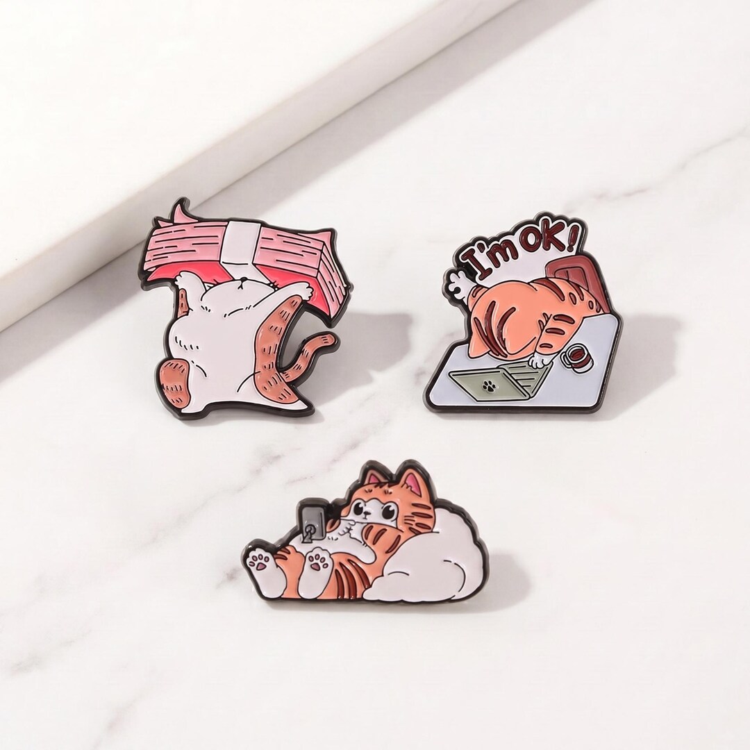 Cute Cat Enamel Pin Set, Lazy Reader Cat Brooch, Laptop Cat Nap Pin ...
