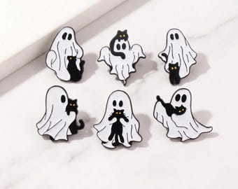Spökkatt Emaljnål Svart Katt Spöke Brosch Söt Halloween Katt Kavajnål Spöklik Katt Badge Gåva till Kattälskare Nål Set.