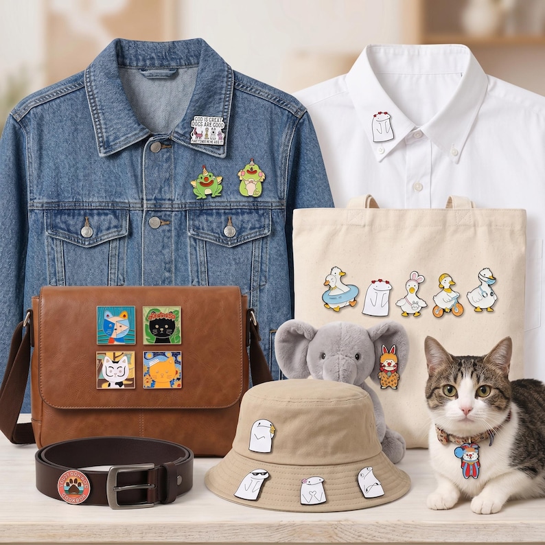 May include: A denim jacket, white button-down shirt, and canvas tote bag are adorned with colorful enamel pins. A brown leather messenger bag, a brown belt, and a tan bucket hat are also decorated with pins. A stuffed elephant and a cat are also in the image.