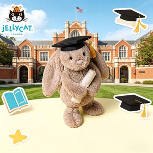 May include: A plush bunny wearing a graduation cap and holding a diploma. The bunny is light brown with long ears and a pink nose. The background features a university building, a book, a star, and graduation cap stickers.