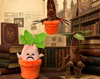 Peluche de mandrágora adorable y espeluznante, criatura de raíz marrón hecha a mano, juguete de peluche inspirado en películas de fantasía, regalo con temática de escuela de magia para fans.