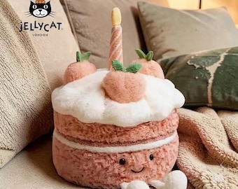 Peluche Jellycat Amuseable Peach Birthday Cake, suave juguete de peluche con forma de pastel, adorable peluche de regalo de cumpleaños para niños.