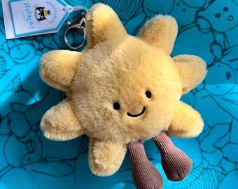 Llavero de peluche con forma de sol de Jellycat, llavero de peluche con forma de sol sonriente, llavero de peluche suave con forma de sol, juguete de peluche coleccionable, regalo de cumpleaños, accesorio para bolso.