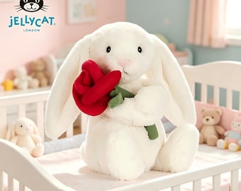 Conejito blanco tímido de Jellycat con rosa, peluche de conejo adorable, regalo romántico para ella, ideal para aniversarios y cumpleaños.