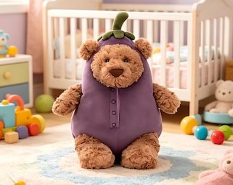 Oso de peluche Jellycat Aubergine Bartholomew, adorable oso de peluche con disfraz de berenjena, juguete de peluche encantador, excelente regalo de cumpleaños