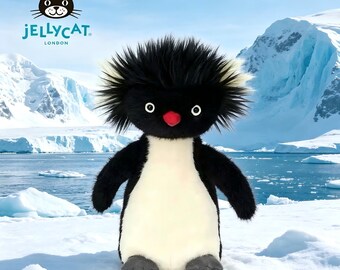 Peluche de pingüino saltarrocas Ronnie Rockhopper de Jellycat, adorable pingüino de pelo puntiagudo, regalo para niños y niñas, decoración para la habitación infantil.
