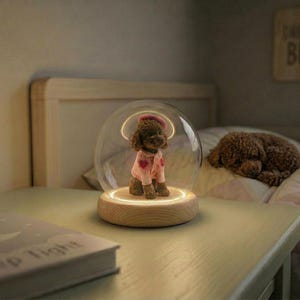 May include: A decorative dog figurine inside a glass dome, illuminated by a warm light. The dog wears a pink outfit with heart accents. The dome sits on a wooden base, next to a book titled "Sleep Tight".