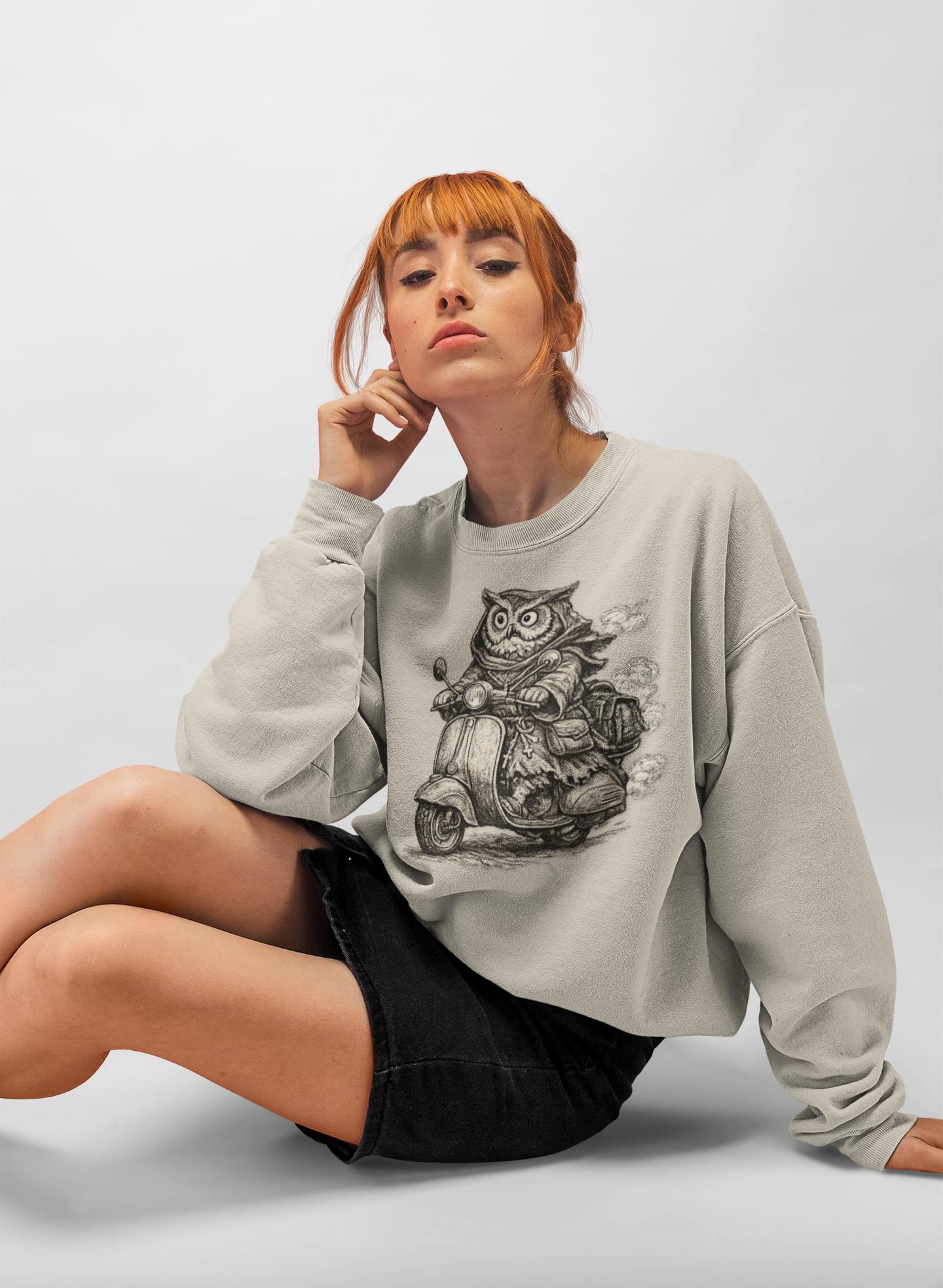 Brother Owlrice Riding Scooter sweatshirt, Vintage Owl Illustration, Scooter Art, Animal Motorcycle