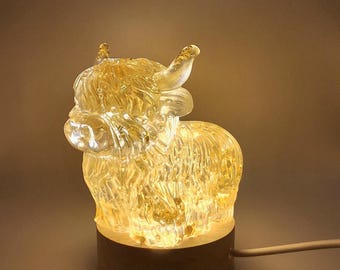 Resin Highland Cow Night Light with Gold Flecks | Handmade Scottish Cow Lamp, Bedroom Decor