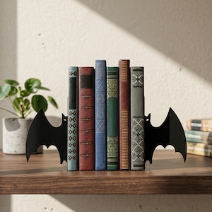May include: Black metal bat-shaped bookends holding a row of vintage books with various colors and textures. The bookends are on a wooden shelf, with a small potted plant visible on the left.