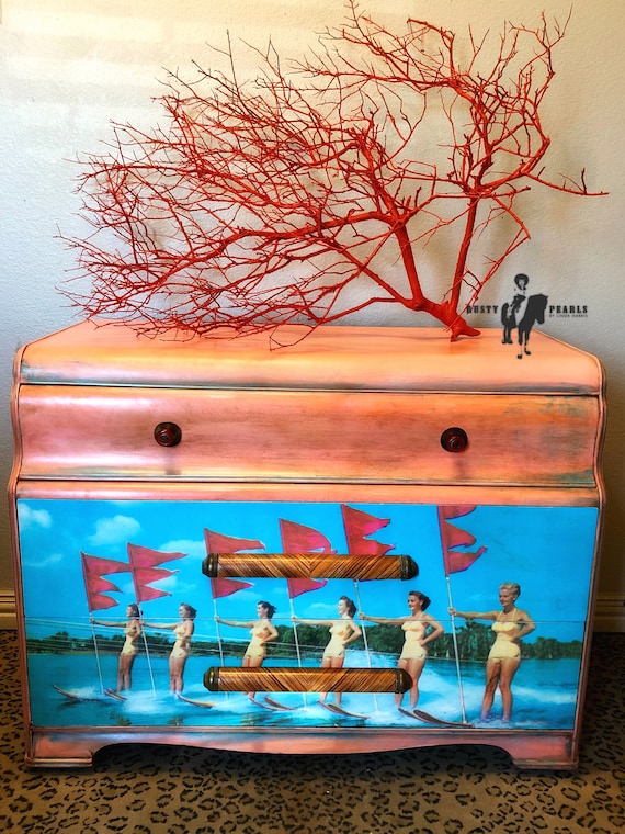 Boho Vintage Art Deco Waterfall Dresser Waterskiing Lake House Etsy
