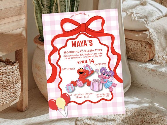 Girly Pink/Red Elmo Inspired Invitation Editable Digital Template. Any age!