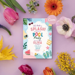 May include: A rectangular pool party invitation card featuring colourful summer graphics including sunglasses, a camera, a watermelon slice, and flip-flops. The text reads Let's Make a SPLASH! POOL PARTY, OLIVIA IS TURNING 7, and includes event details.