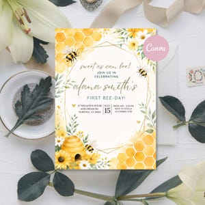 May include: A rectangular invitation card featuring a yellow honeycomb pattern, watercolour sunflowers, and bees. The text reads: sweet as can bee! JOIN US IN CELEBRATING alana smith's FIRST BEE-DAY! AT MELANIE'S HOUSE 4536 DREAM RD. NORFOLK, VA 24563 JULY 15.