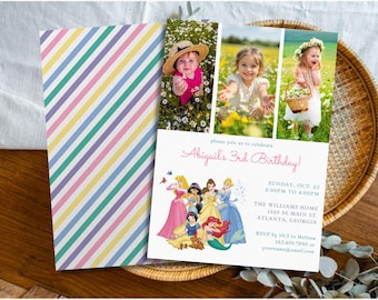 Sjabloon moderne prinses verjaardagsuitnodiging, fotocollage meisjes feestuitnodiging, bewerkbare digitale verjaardagskaart