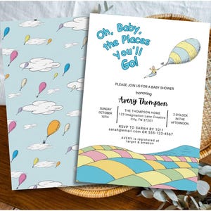 Peut inclure: Invitation de baby shower sur le thème du Dr. Seuss. L'invitation présente le texte "Oh, Baby, the Places You'll Go !" et comprend une illustration colorée d'une montgolfière. Le verso de l'invitation présente un motif de montgolfières et de nuages.