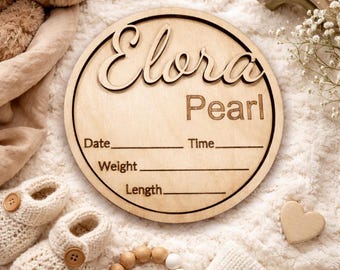 Letrero personalizado con el nombre del bebé, letrero de anuncio de nacimiento, placa de madera con el nombre del bebé, accesorio para fotos de recién nacidos, letrero personalizado con las estadísticas del bebé, decoración para la habitación del bebé.