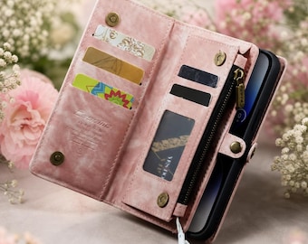 Funda tipo cartera/bolso con cremallera para iPhone con tarjetero, bolsillo para monedas/ranuras para tarjetas y funda/carcasa desmontable para el teléfono.