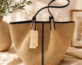 Bolso grande de paja tejida / Bolso de cesta hecho a mano / Bolso de playa con ribete de cuero / Bolso de hombro de verano / Bolso de mercado bohemio / Bolso de viaje para vacaciones /