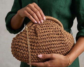Bolso de mano tipo cartera con asa superior de rafia de ganchillo / Bolso de mano con asa superior / Bolso de paja hecho a mano / Bolso de playa de verano / Bolso tejido estilo boho / Regalo para ella