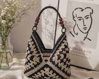 Boho Crochet Straw Bag, Handmade Woven Shoulder Bag, Raffia Tote Purse, Summer Beach Handbag, Cottagecore Hobo Bag