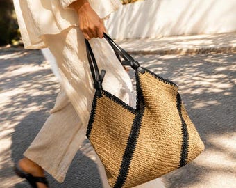 Bolso tote de paja tejida, bolso de hombro de rafia en forma de V, bolso de mano bohemio de verano