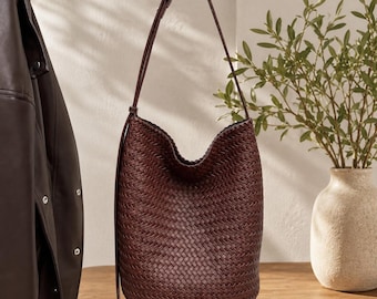 Bolso tipo cubo de piel vegana tejida / Bolso bandolera de tres vías / Bolso hobo Intrecciato / Bolso boho para el día a día / Regalo para ella