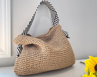 Bolso de hombro tejido a mano / piel vegana blanca y negra / bolso de hombro bajo el brazo con correa para el hombro para mujer, forro de algodón, bolso de playa