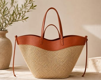 Straw Woven Tote Bag with Leather Top | Large Beach Bag | Summer Shopper Tote | Boho Market Bag | Resort Vacation Bag | Gift for Her