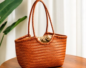 Hand Woven Cowhide Leather Tote Bag | Intrecciato Shoulder Purse Women Hand Woven Leather Tote Bag | Gift For Wife Mom |
