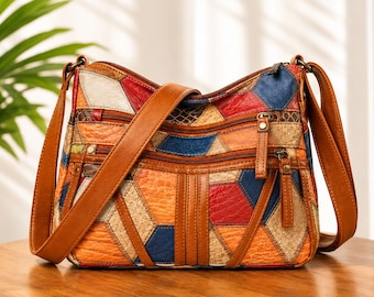 Large Capacity Mom Crossbody Bag Commute Single Shoulder Bag Splicing Colorful Fashion Retro Multi-layer Soft Chinese Origin