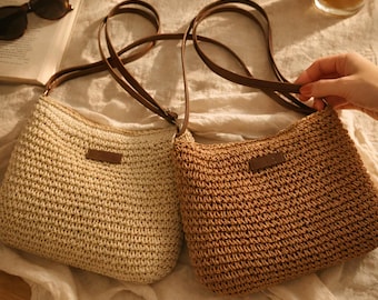 Bolso tote de paja tejida, bolso de hombro con cremallera, bolso de playa minimalista de verano, correas de cuero vegano, regalo para ella, estética para el día a día.