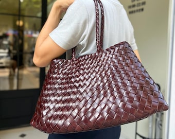 Bolso tote de piel de vaca tejido a mano / Bolso de hombro Intrecciato para mujer / Regalo para esposa y madre /