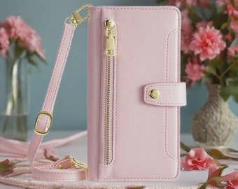 Funda tipo cartera para iPhone con cremallera / Correa cruzada y para la muñeca / Ranuras para tarjetas, bolsillo para monedas / Monedero tipo folio de piel vegana / Varios colores