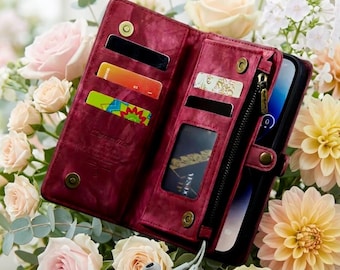 Funda tipo cartera/bolso con cremallera para iPhone con tarjetero, bolsillo para monedas/ranuras para tarjetas y funda/carcasa desmontable para el teléfono.