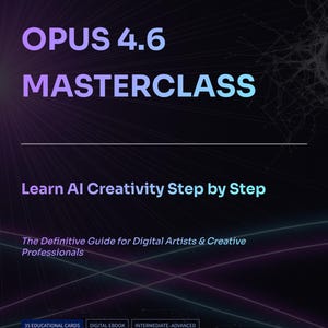 Op de afbeelding: Een digitale ebook cover met de titel "OPUS 4.6 MASTERCLASS" in paars en blauwgroen. De tekst "Learn AI Creativity Step by Step" staat eronder. De afbeelding bevat ook de tekst "The Definitive Guide for Digital Artists & Creative Professionals".