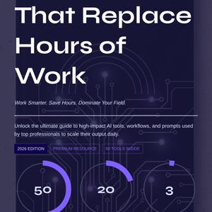 Peut inclure: Graphique bleu foncé avec du texte blanc indiquant "50 outils d'IA qui remplacent des heures de travail". L'image met en évidence 50 outils d'IA, 20 invites éprouvées et 3 flux de travail complets. Le texte "Travaillez plus intelligemment. Gagnez du temps. Dominez votre domaine." est également inclus.