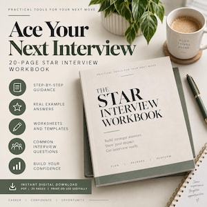 Puede incluir: Un libro de trabajo de entrevistas STAR de 20 páginas con cubierta color crema, detalles en verde oscuro y texto negro que dice The Star Interview Workbook. Incluye guía paso a paso, ejemplos de respuestas y plantillas.