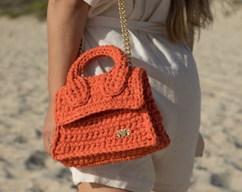 Madrid BAG - small size. Women Handbag, Crochet Bag, Knitted Bag, orange color HandBag, Shoulder Bag
