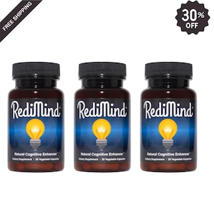 May include: Three brown supplement bottles with black lids are displayed. Each bottle has the text "RediMind" in white, with a yellow lightbulb graphic. The bottles are labeled "Natural Cognitive Enhancer" and "Dietary Supplement - 30 Vegetable Capsules."