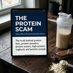 Könnte beinhalten: Ein Tablet zeigt den Titel "THE PROTEIN SCAM" und den Untertitel "What 20g of Protein Actually Means." Der Text geht weiter mit "The truth behind protein bars, protein powders, protein waters, high-protein yoghurts and protein cereals." Ein Proteinshake, ein Riegel und Pulver sind ebenfalls zu sehen.