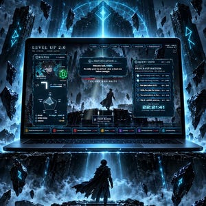 LEVEL UP 2.0-mall för idéer | Gamifierat livssystem, vanespårare med bossgrindar, daglig nedräkning av uppdrag, rang E till S, anime-rollspelsinstrumentpanel
