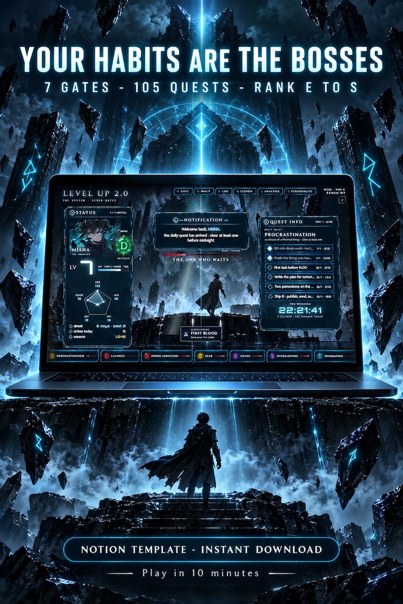Op de afbeelding: Een laptopscherm met een donker thema productiviteitsdashboard genaamd LEVEL UP 2.0. De interface bevat statuspanelen, takenlijsten en notificatievensters met blauwe lichtgevende accenten. De achtergrond toont een fantasielandschap.