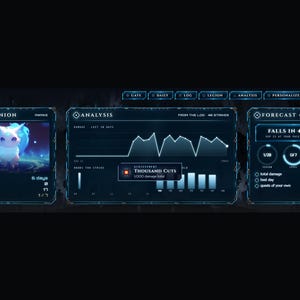 Op de afbeelding: Een digitaal dashboard met drie hoofdpanelen met de labels Companion, Analysis en Forecast. Het Companion-paneel toont een klein wezen, terwijl het Analysis-paneel een lijngrafiek en een Thousand Cuts-prestatiebericht weergeeft. Het Forecast-paneel bevat voortgangscirkels en de tekst Falls in 4 Days.