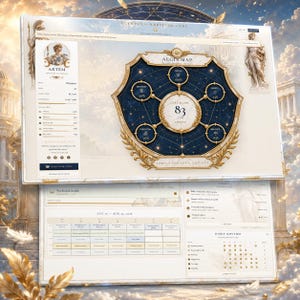 Pode incluir: Uma interface de painel digital intitulada Olympus Barvinok Core apresentando um mapa Aegis com uma pontuação central de 83. O layout inclui um perfil de usuário para Artem, um calendário semanal, rastreamento de metas e gráficos de hábitos.