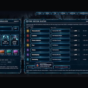 Op de afbeelding: Een digitale interface getiteld The Seven Gates met een donkerblauw thema. Het scherm toont een lijst met gewoontes zoals Procrastination, Laziness en Fear, elk met bijbehorende bostitels, HP-waarden en bewerkingsknoppen. Een pop-up toont Ten Thousand damage.