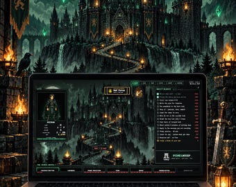 Op de afbeelding: Een laptop met een Notion-sjabloon in dark fantasy-stijl genaamd DEFEND THE KEEP. Het scherm toont een pixel-art kasteelinterface met karakterstatistieken, dagelijkse missies en prestatie-trackers met groene accenten en gotische motieven.