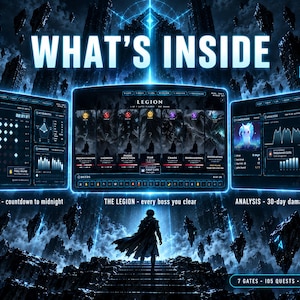 Op de afbeelding: Een digitale interface getiteld WHAT'S INSIDE met drie panelen: DAILY QUEST met een aftelling, THE LEGION met zeven baascategorie&euml;n en ANALYSIS met schade-grafieken. Een silhouet staat voor zwevende donkere structuren.