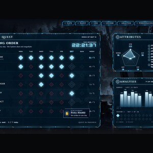 Op de afbeelding: Een digitale interface met een donkerblauw thema met een dagelijkse quest-tracker, een radar-diagram voor attributen en een staafdiagram voor analyse. Het scherm bevat tekstlabels zoals Daily Quest, Standing Order, Attributes en Analysis.